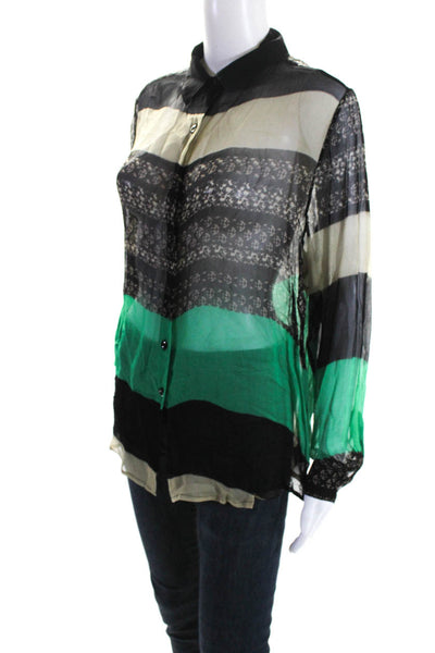 Sam & Lavi Womens Sheer Long Sleeve Striped Button Down Blouse Green Black Size