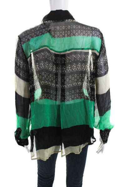 Sam & Lavi Womens Sheer Long Sleeve Striped Button Down Blouse Green Black Size