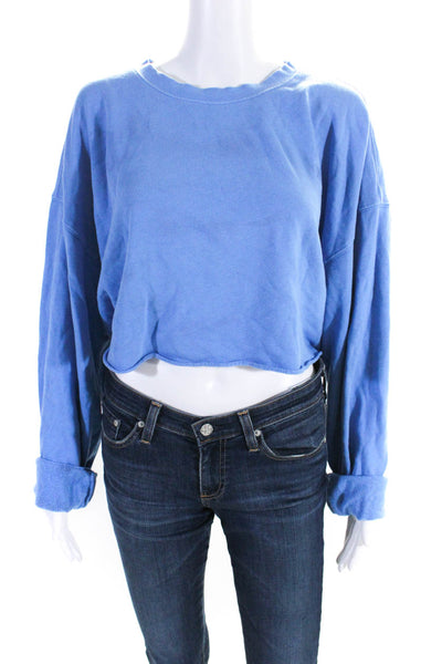 WSLY Womens Long Sleeves Crew Neck Cropped Sweatshirt Blue Cotton Size Large