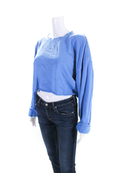 WSLY Womens Long Sleeves Crew Neck Cropped Sweatshirt Blue Cotton Size Large