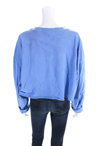 WSLY Womens Long Sleeves Crew Neck Cropped Sweatshirt Blue Cotton Size Large