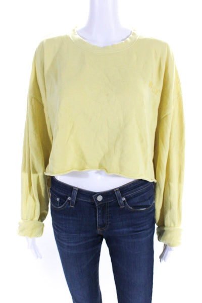 WSLY Womens Long Sleeves Pullover Cropped Sweatshirt Yellow Cotton Size Large