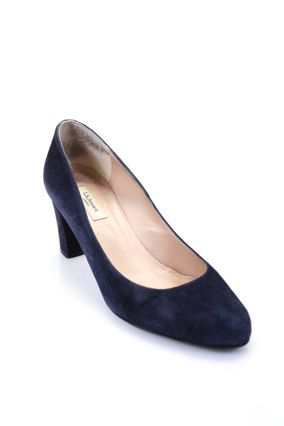 L.K. Bennett Womens Suede Almond Toe Mid Block Heel Pumps Navy Blue Size 9.5