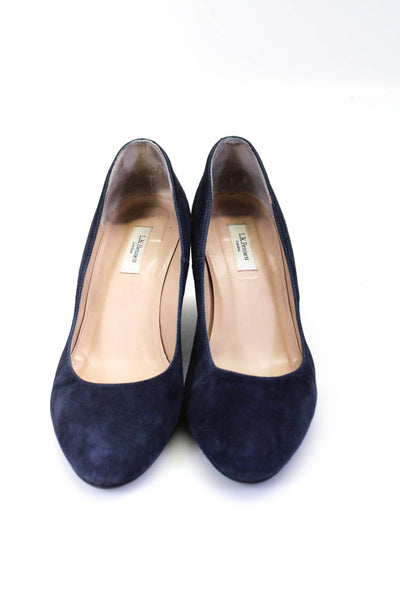 L.K. Bennett Womens Suede Almond Toe Mid Block Heel Pumps Navy Blue Size 9.5