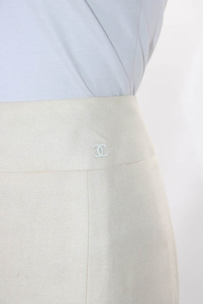 Chanel 05 C Womens Linen Blend Knee Length Trumpet Skirt Off White Size EUR 44