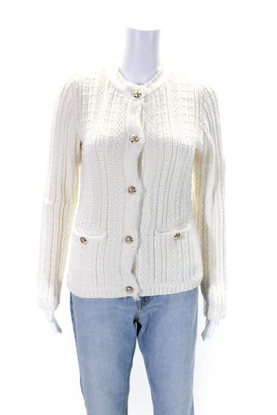 Tahari Womens Woven Button Down Cardigan Sweater White Cotton Size Extra Small