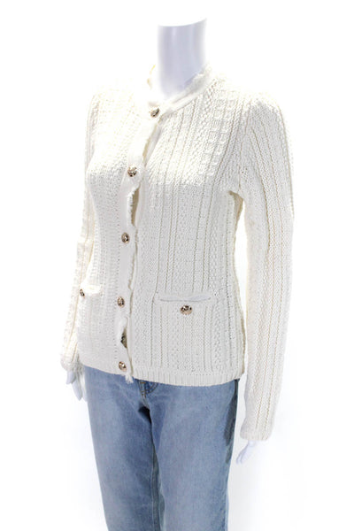 Tahari Womens Woven Button Down Cardigan Sweater White Cotton Size Extra Small