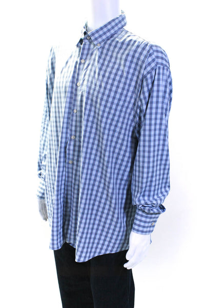 Peter Millar Mens Long Sleeve Plaid Button Up Dress Shirt Blue Size XXL