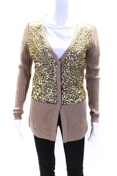 Nanette Lepore Womens Sequined Button Down Cardigan Sweater Brown Wool Size Medi