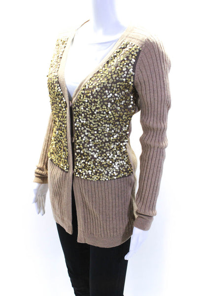 Nanette Lepore Womens Sequined Button Down Cardigan Sweater Brown Wool Size Medi