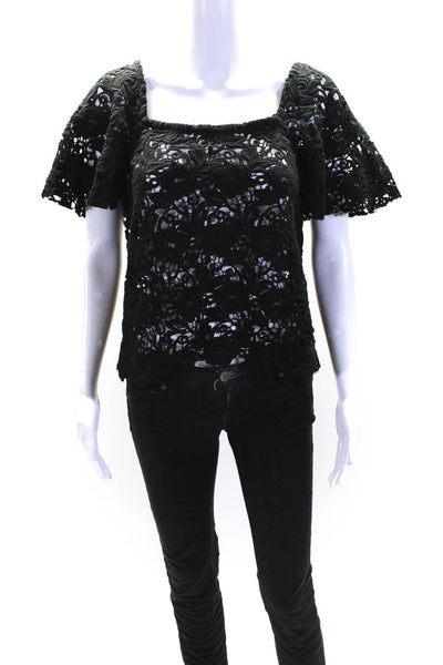 Alexis Womens Floral Embroidered Textured Short Sleeve Blouse Top Black Size S