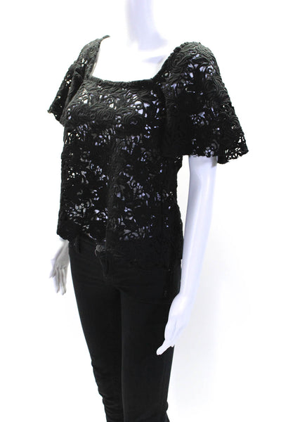 Alexis Womens Floral Embroidered Textured Short Sleeve Blouse Top Black Size S