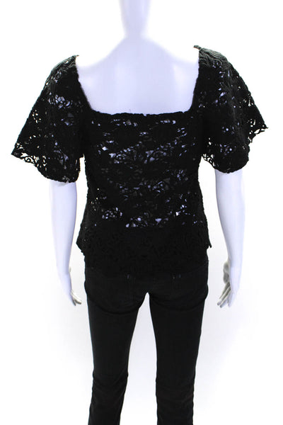 Alexis Womens Floral Embroidered Textured Short Sleeve Blouse Top Black Size S