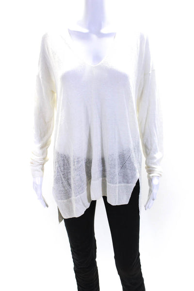 Vince Womens Linen V-Neck Long Sleeve Pullover Thin Knitted Sweater White Size S