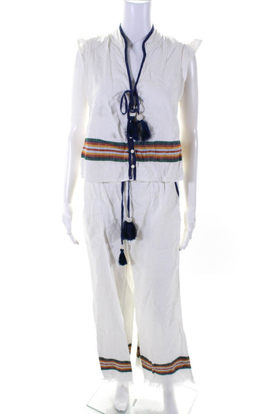 Faherty Womens Cotton Striped Tassel Tied Sleeveless Top Pants Set White Size S