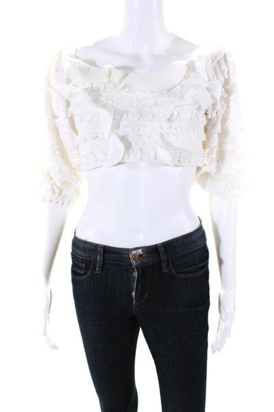 Alexis Womens Embroidered Textured Zipped Long Sleeve Cropped Top White Size S