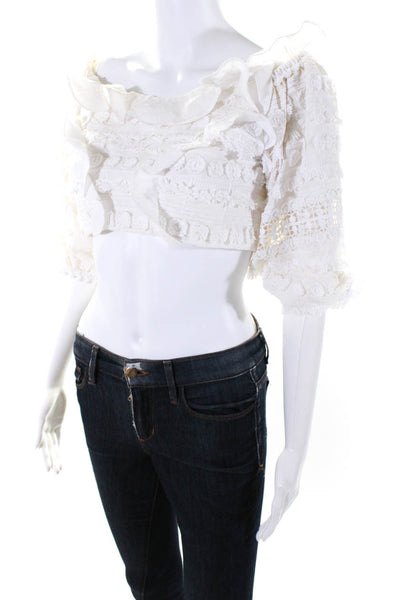 Alexis Womens Embroidered Textured Zipped Long Sleeve Cropped Top White Size S