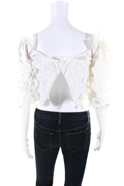 Alexis Womens Embroidered Textured Zipped Long Sleeve Cropped Top White Size S