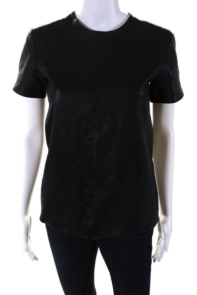 Theory Womens Leather Round Neck Darted Short Sleeve Zipped Blouse Black Size P