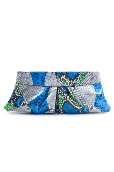 Lauren Merkin Womens Faux Snakeskin Hinged Clutch Handbag Blue Green Gray