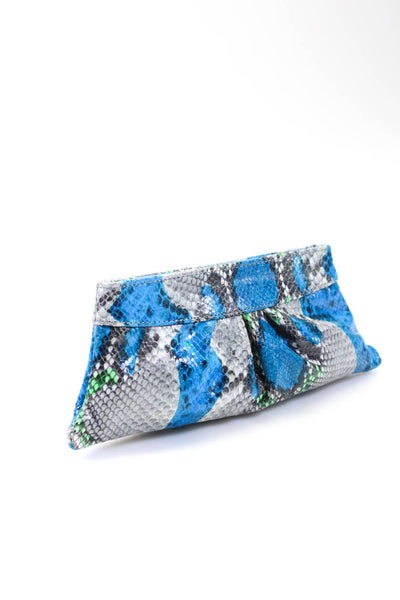 Lauren Merkin Womens Faux Snakeskin Hinged Clutch Handbag Blue Green Gray