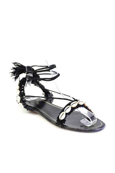 Aquazzura Womens Cowrie Shell Suede Fringe Flat Lace Up Sandals Black 36.5 6.5