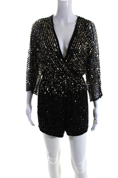 MNG Suit Womens Sequined V Neck Long Sleeves Romper Black Gold Size Extra Small