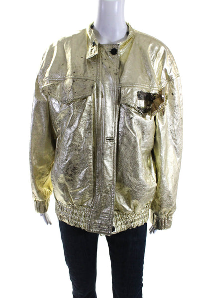 Begedor Womens Front Zip Metallic Bow Leather Jacket Gold Tone Size 10