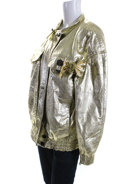 Begedor Womens Front Zip Metallic Bow Leather Jacket Gold Tone Size 10