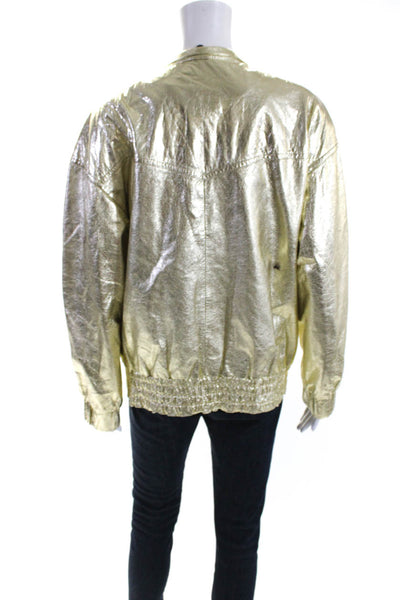 Begedor Womens Front Zip Metallic Bow Leather Jacket Gold Tone Size 10