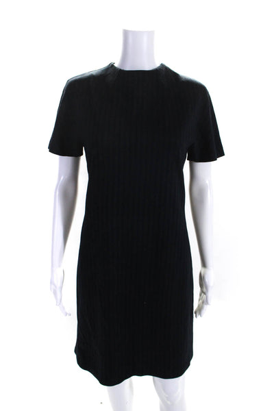 Theory Women's Round Neck Short Sleeves A-Line Mini Dress Black Stripe Size M