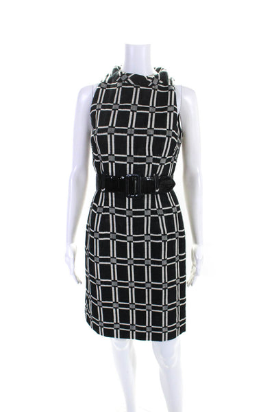 Milly Womens Back Zip Sleeveless Check Belted Knit Dress Black White Size 2