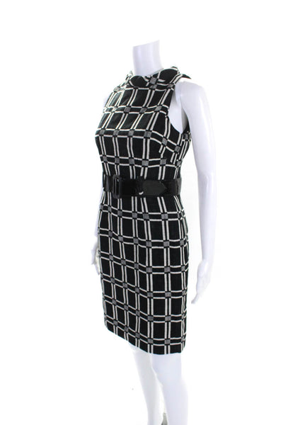 Milly Womens Back Zip Sleeveless Check Belted Knit Dress Black White Size 2