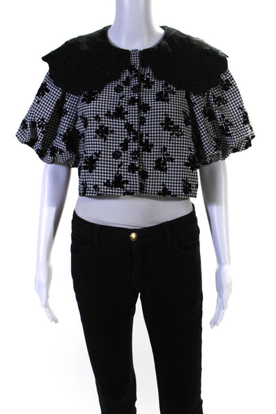 Dream Sister Jane Womens Gingham Floral Beaded Collared Shirt Black White Small