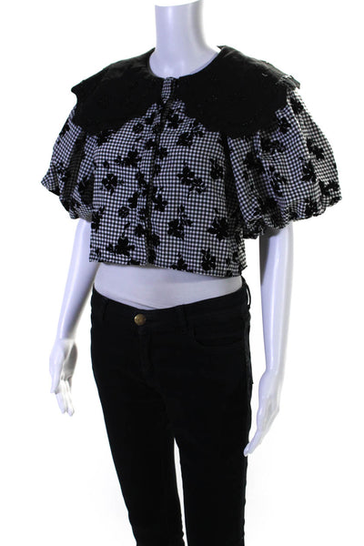 Dream Sister Jane Womens Gingham Floral Beaded Collared Shirt Black White Small