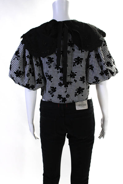 Dream Sister Jane Womens Gingham Floral Beaded Collared Shirt Black White Small