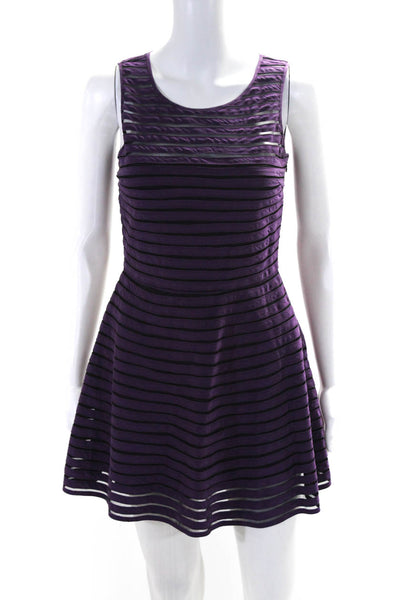 Parker Womens Side Zip Sleeveless Scoop Neck Mesh Striped Silk Dress Purple XS