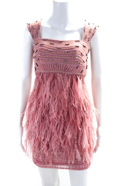 Beyond Womens Back Zip Square Neck Beaded Feather Mini Dress Pink Size 2