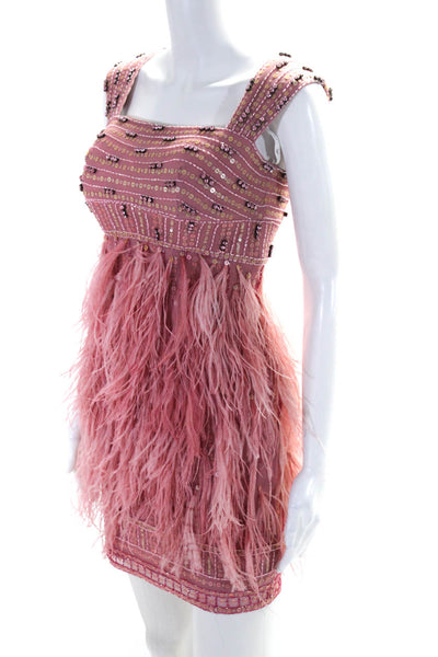 Beyond Womens Back Zip Square Neck Beaded Feather Mini Dress Pink Size 2