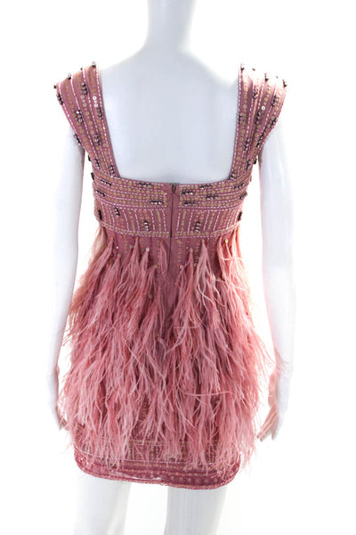 Beyond Womens Back Zip Square Neck Beaded Feather Mini Dress Pink Size 2