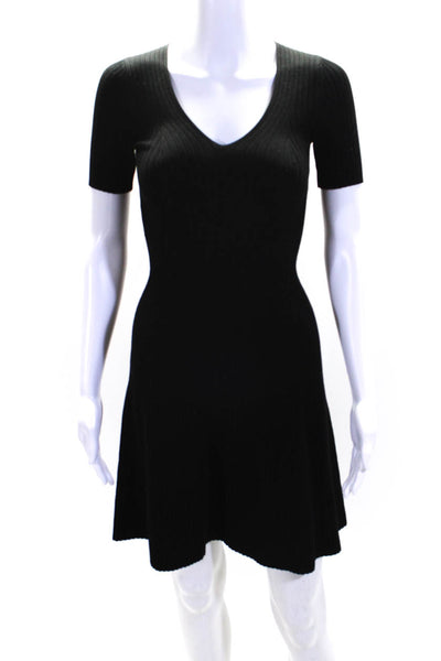 Theory Womens Tight-Knit Short Sleeve V-Neck Fit & Flare Dress Black Size PP