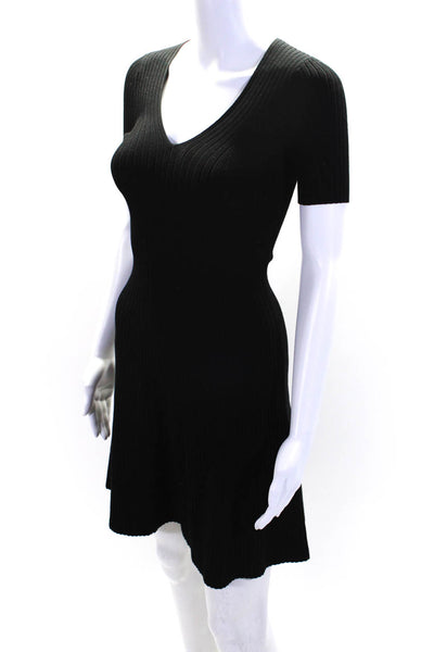 Theory Womens Tight-Knit Short Sleeve V-Neck Fit & Flare Dress Black Size PP