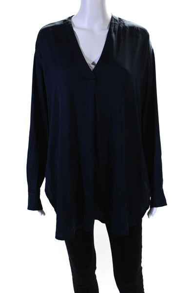 Vince Womens Silk Charmeuse Long Sleeve V-Neck Tunic Blouse Midnight Blue Size L