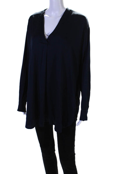 Vince Womens Silk Charmeuse Long Sleeve V-Neck Tunic Blouse Midnight Blue Size L