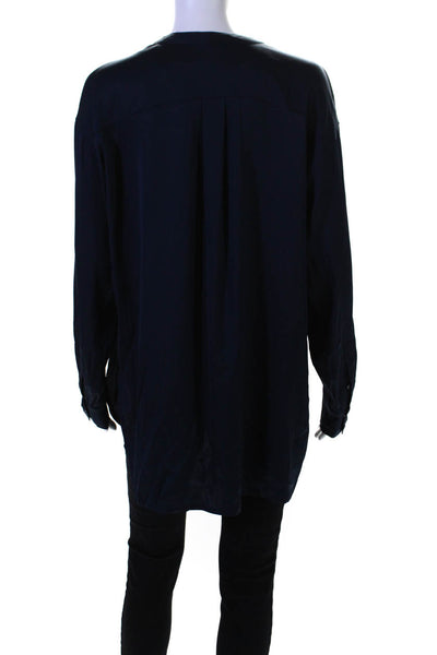 Vince Womens Silk Charmeuse Long Sleeve V-Neck Tunic Blouse Midnight Blue Size L