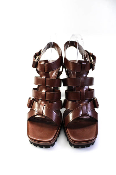 Tamara Mellon Womens Block Heel Strappy Nomad 95 Sandals Brown Leather Size 41.5