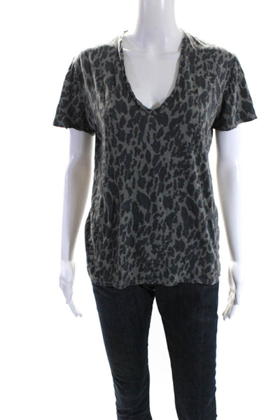 Monrow Womens Short Sleeve V Neck Leopard Print Top Tee Shirt Gray Size Small