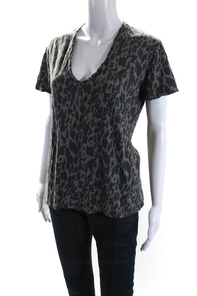 Monrow Womens Short Sleeve V Neck Leopard Print Top Tee Shirt Gray Size Small