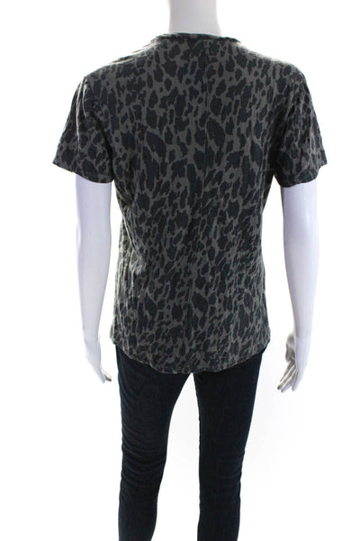 Monrow Womens Short Sleeve V Neck Leopard Print Top Tee Shirt Gray Size Small