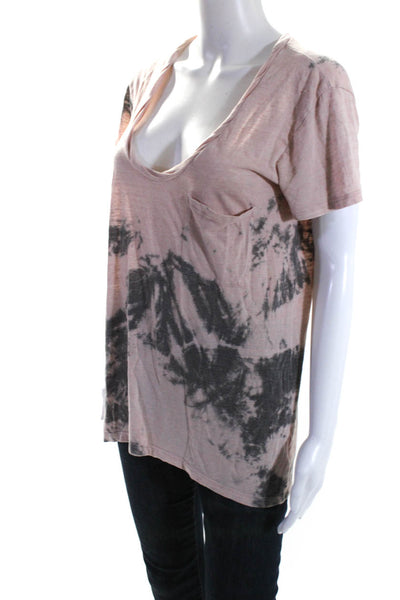 Pam & Gela Womens Tie Dye Scoop Neck Short Sleeve Tee Shirt Gray Pink Size Small